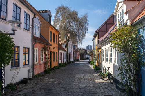 Colourful houses on Møllestien Lane in Aarhus, Denmark
