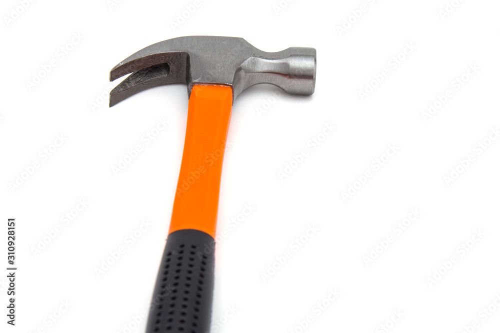A claw hammer with black and orange handle, isolated over white background. Tools and hardware for everyday. Construction and repair. Selective focus. Copy space A claw hammer with black and orange handle, isolated over white background. Tools and hardware for everyday. Construction and repair. Selective focus. Copy space