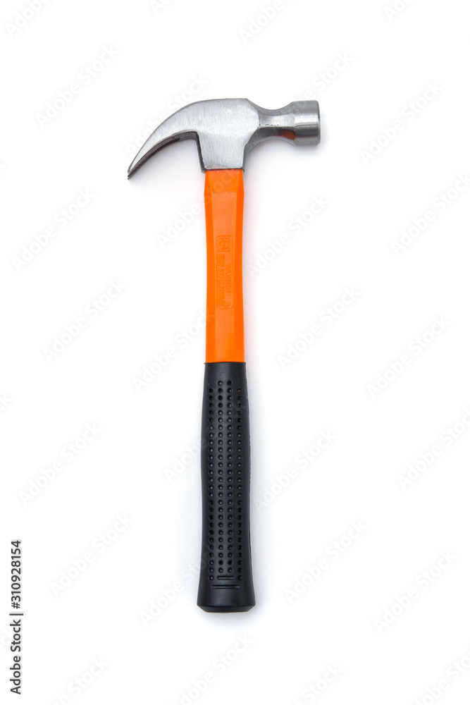 A claw hammer with black and orange handle, isolated over white background. Tools and hardware for everyday. Construction and repair. Selective focus. A claw hammer with black and orange handle, isolated over white background. Tools and hardware for everyday. Construction and repair. Selective focus.