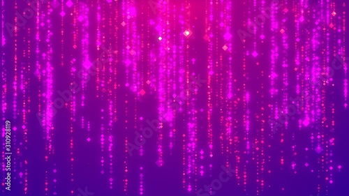 Shining particles fall down in lines. On a bright purple neon background stripes animation abstract holiday background. Seamless background.