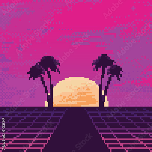Vector pixel art of 80s Retro sci-Fi background. Synthwave, Vaporwave, Retrowave. Pixel art background. 8bit
