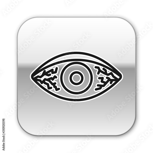 Black line Reddish eye due to viral, bacterial or allergic conjunctivitis icon isolated on white background. Silver square button. Vector Illustration