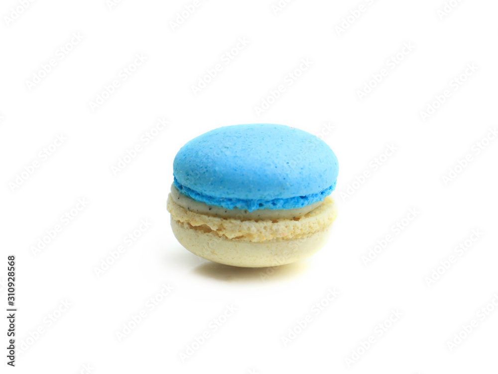 Half blue and white French macaron (macaroon) cake, delicious sweet dessert on white background, lovely food concept. Half blue and white French macaron (macaroon) cake, delicious sweet dessert on white background, lovely food concept.