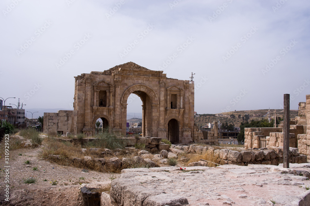 2nd century Arch of Hadrian in the ancient roman city of Gerasa in Jerash, Jordan.