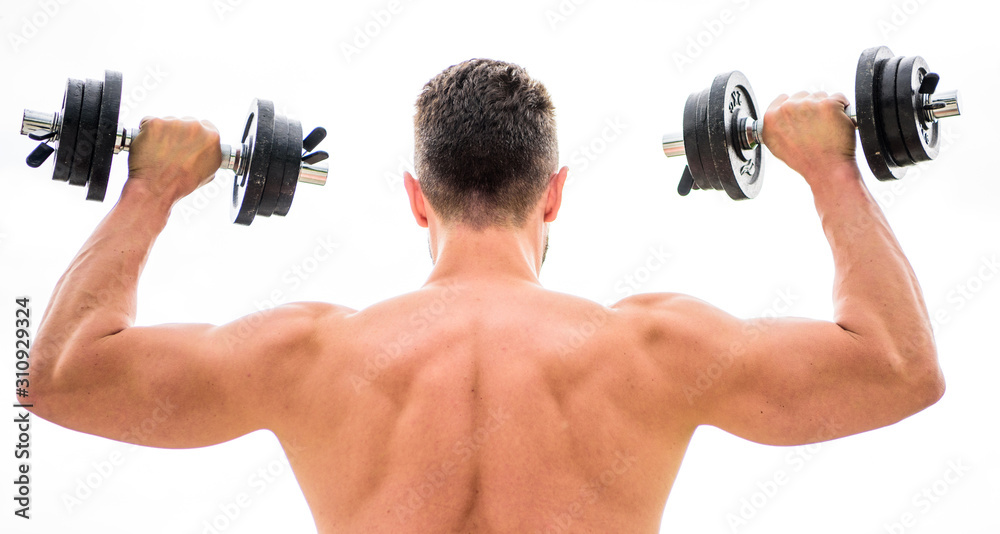 fit your body and lose weight. fitness and sport equipment. man sportsman weightlifting. steroids. athletic body. Dumbbell gym. Muscular back man exercising in morning with barbell. Pure perfection