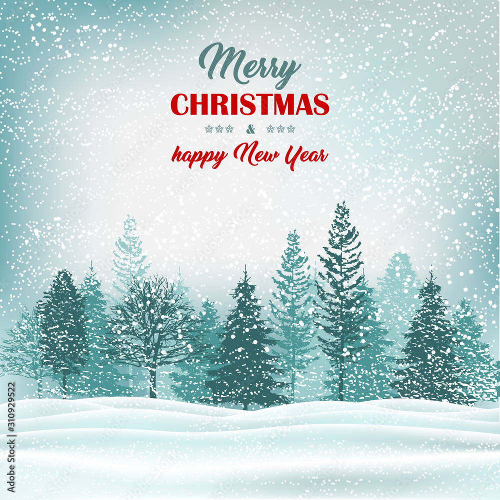 Fototapeta premium Winter forest holiday outdoor scene. Christmas greeting card with text.