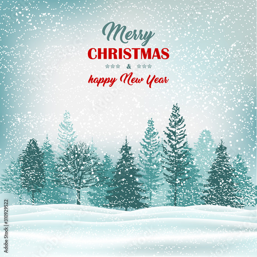 Winter forest holiday outdoor scene. Christmas greeting card with text.