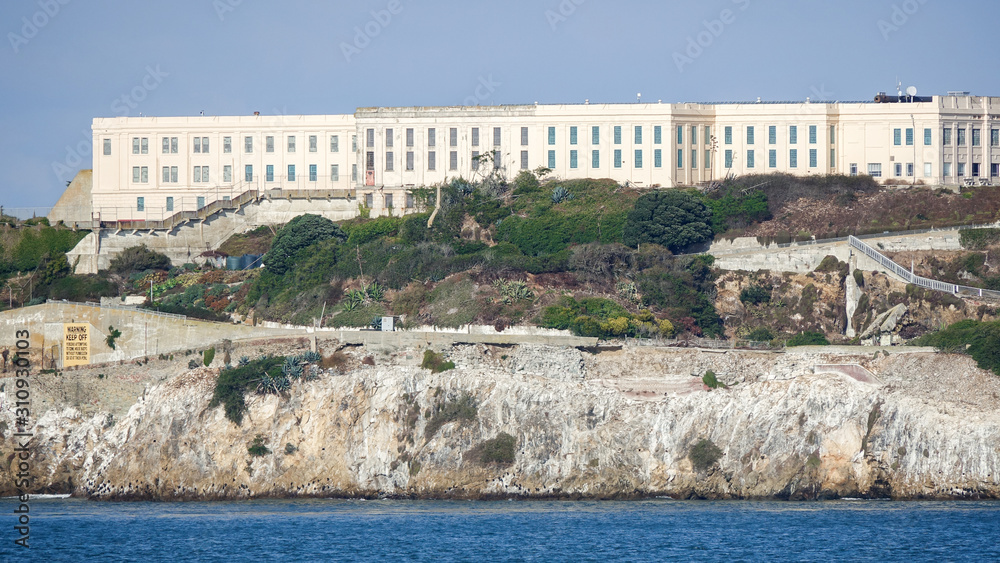 Closeup view of Alcatraz Prison Island in San Francisco Bay, California