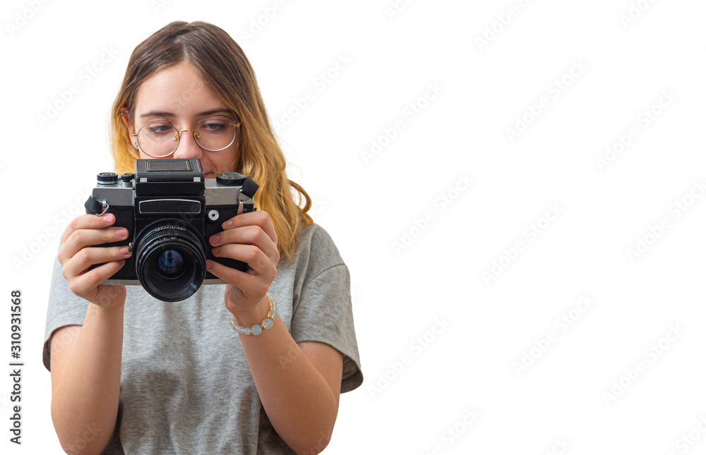 young girl takes pictures with a rare camera young girl takes pictures with a rare camera
