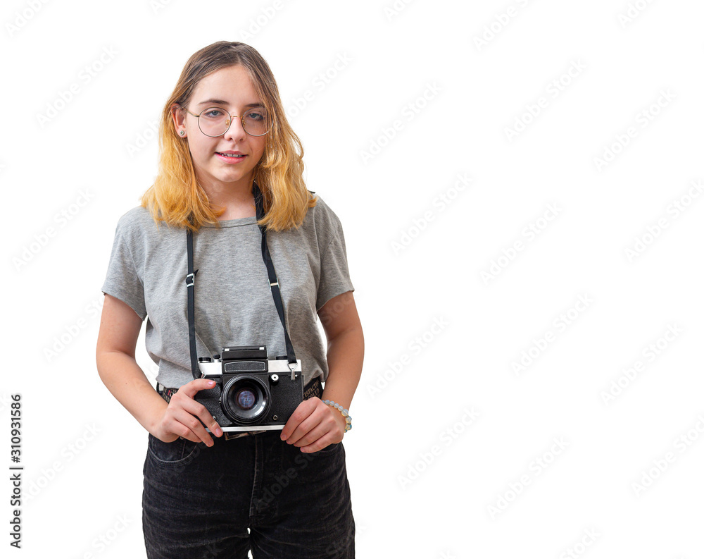 young girl takes pictures with a rare camera young girl takes pictures with a rare camera