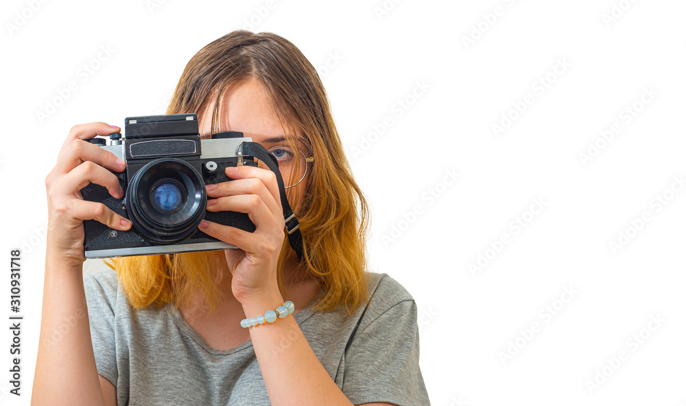 young girl takes pictures with a rare camera young girl takes pictures with a rare camera