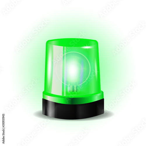 Green flashers Siren Vector. Realistic Object. Light Effect. Beacon For Police Cars Ambulance, Fire Trucks. Emergency Flashing Siren.