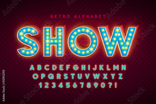Retro cinema font design, cabaret, LED lamps letters