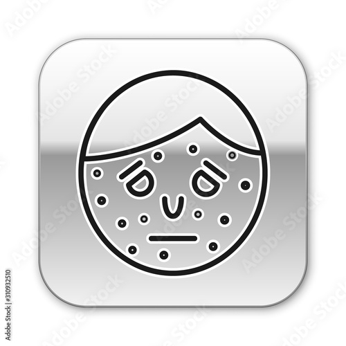 Black line Face with psoriasis or eczema icon isolated on white background. Concept of human skin response to allergen or chronic body problem. Silver square button. Vector Illustration