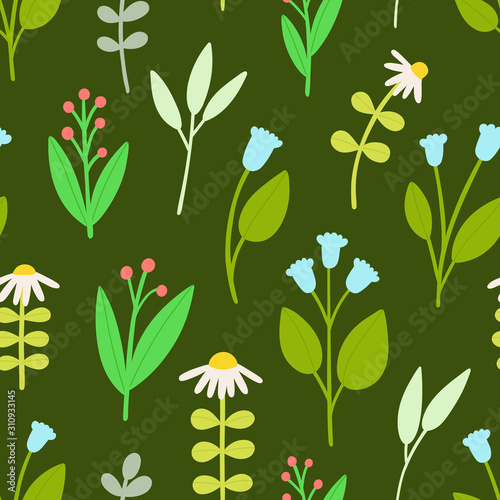 Beautiful floral texture with different hand drawn Flowers and Leaves. Summer Floral field - vector seamless pattern in Ditsy style.