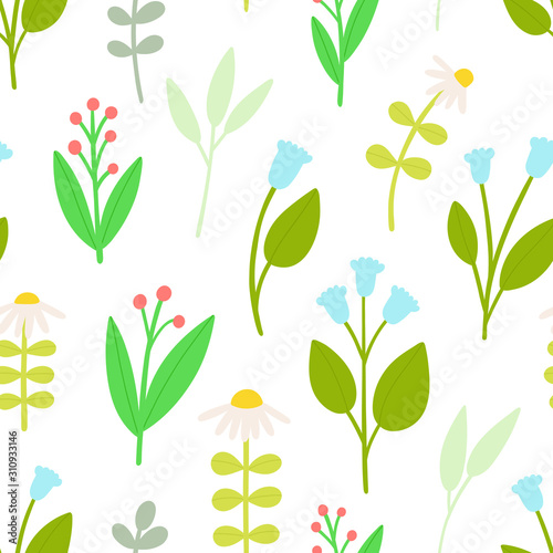 Beautiful floral texture with different hand drawn Flowers and Leaves. Summer Floral field - vector seamless pattern in Ditsy style.