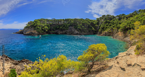 Summertime: Tremiti Islands' archipelago. San Domino island: Cove Spido (Cala Spido). Gargano National Park (Apulia) Italy: scenic view of tipycal rocky coastline with Aleppo pines
