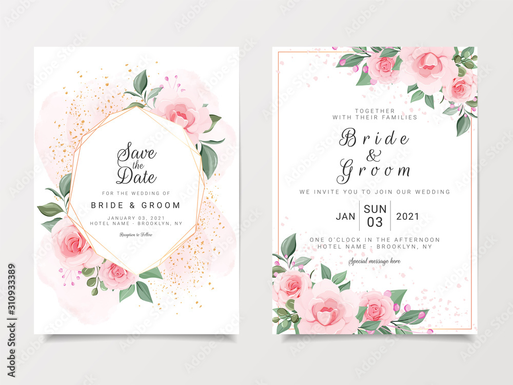 Elegant wedding invitation card template set with gold floral frame and watercolor, glitter. Botanic roses and leaves illustration for background, save the date, invitation, greeting card vector
