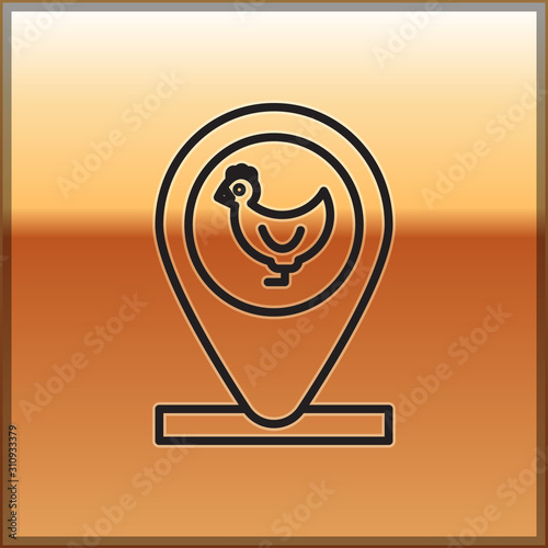 Black line Chicken farm and location icon isolated on gold background. Vector Illustration