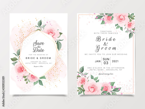 Elegant wedding invitation card template set with gold floral frame and watercolor, glitter. Botanic roses and leaves illustration for background, save the date, invitation, greeting card vector