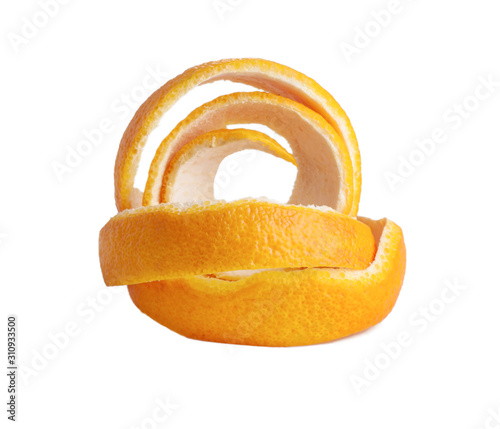 fresh orange peel isolated on a white background, twisted rings