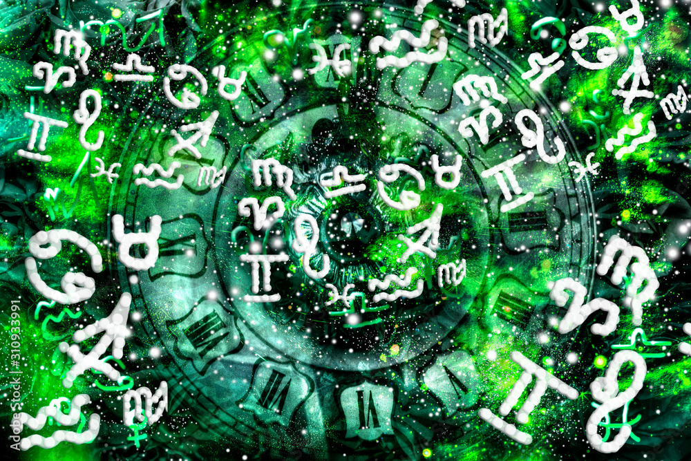Astrological green background with a clock and zodiac symbols