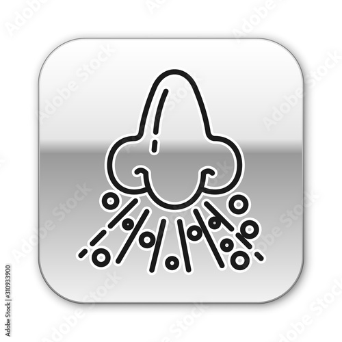 Black line Runny nose icon isolated on white background. Rhinitis symptoms, treatment. Nose and sneezing. Nasal diseases. Silver square button. Vector Illustration