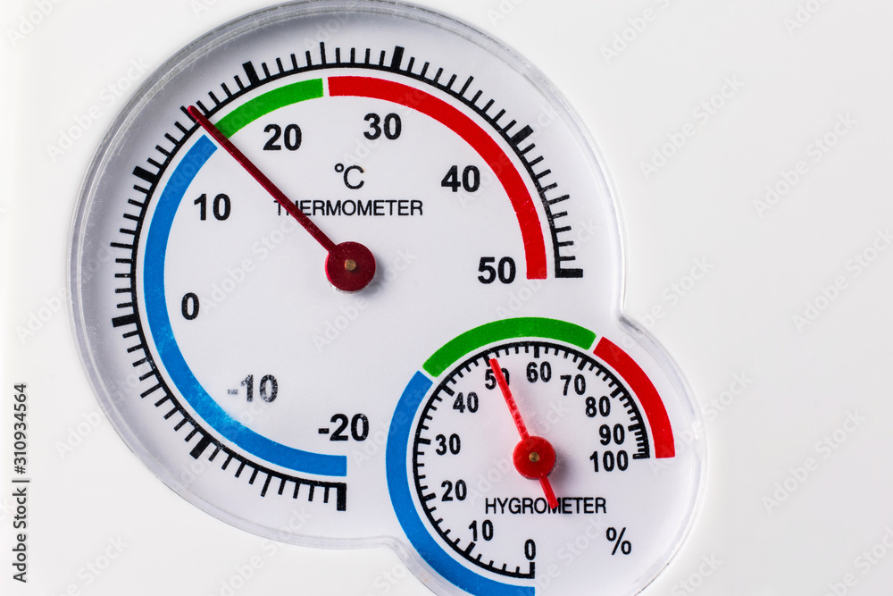 Analog hygrometer and thermometer. Round scale. Concept
