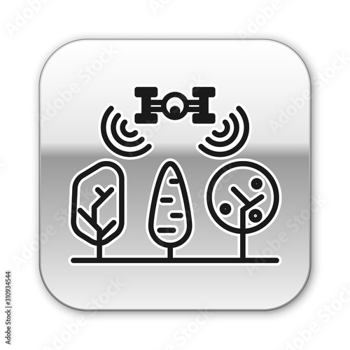 Black line Smart farm with drone control and tree icon isolated on white background. Innovation technology for agricultural company. Silver square button. Vector Illustration