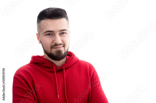 Handsome man in red casual clothes on white background