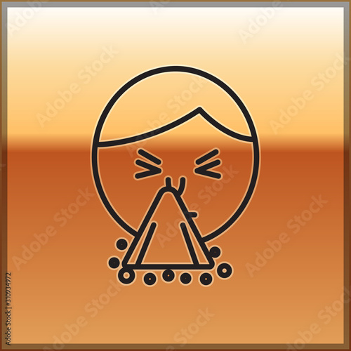 Black line Man holding handkerchief or napkin to his runny nose icon isolated on gold background. Coryza desease symptoms. Vector Illustration