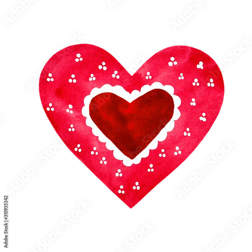 Red heart with white decoration, hand painted watercolor heart, Valentine greeting, Love, Romantic illustration, Saint Valentine illustration