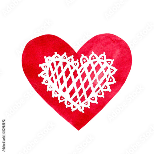 Red heart with white decoration, hand painted watercolor heart, Valentine greeting, Love, Romantic illustration, Saint Valentine illustration