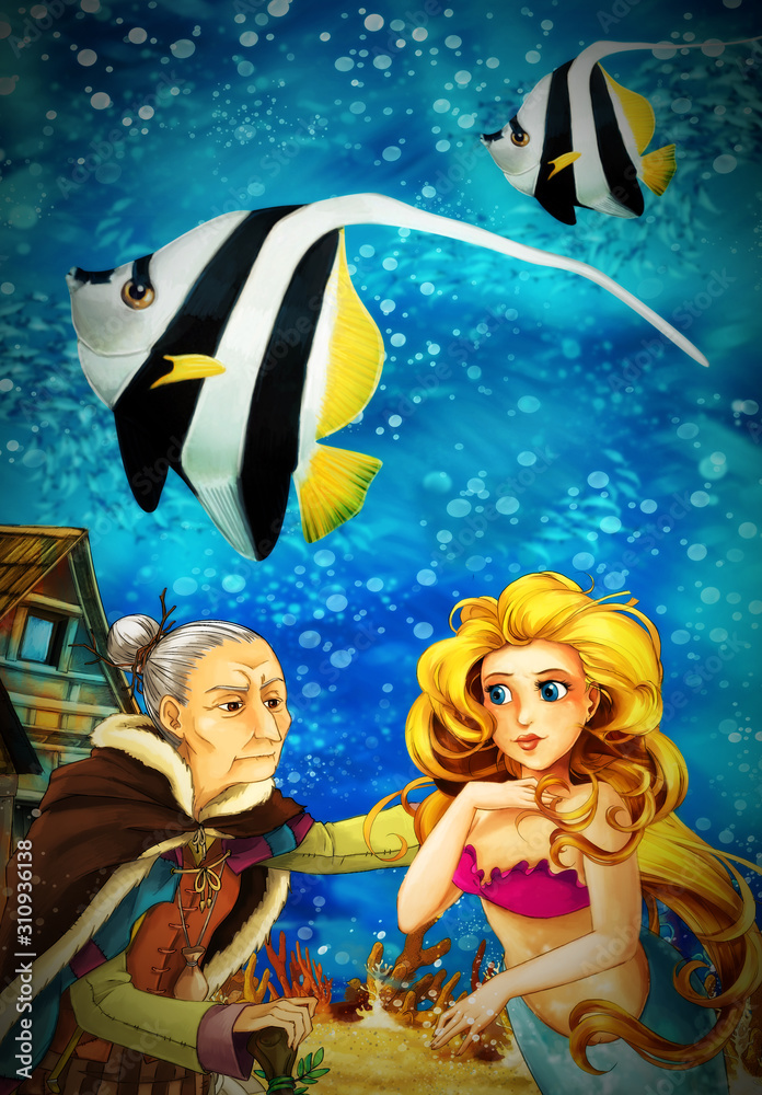 Cartoon ocean and the mermaid in underwater kingdom swimming with fishes - illustration for children Cartoon ocean and the mermaid in underwater kingdom swimming with fishes - illustration for children