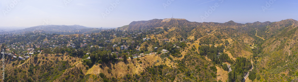 The Hollywood Sign panorama aerial view Griffith Park, Mount Lee, Hollywood Hills in Los Angeles, California CA, USA.