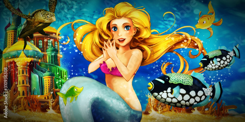 Cartoon ocean and the mermaid in underwater kingdom swimming with fishes - illustration for children