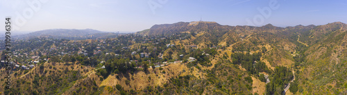 The Hollywood Sign panorama aerial view Griffith Park, Mount Lee, Hollywood Hills in Los Angeles, California CA, USA.