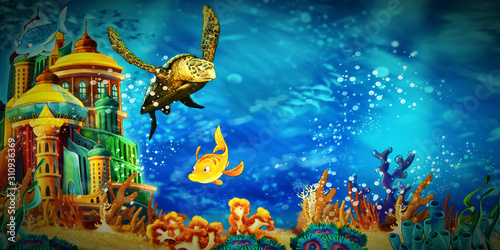 cartoon scene animals swimming on colorful and bright coral reef - illustration for children