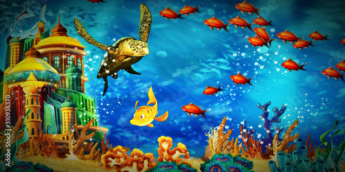 Fototapeta Naklejka Na Ścianę i Meble -  cartoon scene animals swimming on colorful and bright coral reef - illustration for children