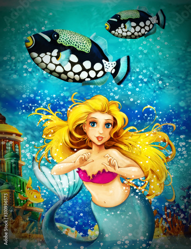 Cartoon ocean and the mermaid in underwater kingdom swimming with fishes - illustration for children