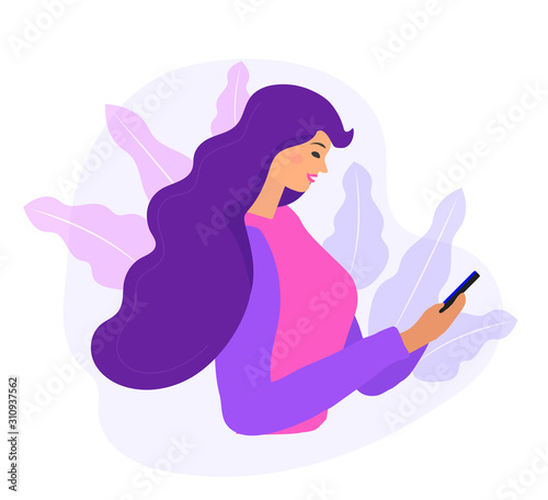 Woman looking at the phone and checking social networks. Virtual communication. Girl reads SMS chat. Online dating concept. Flat modern vector illustration