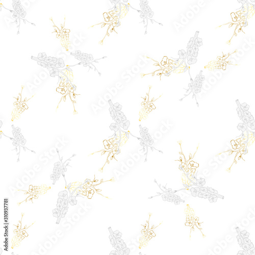 Vintage brunch gold collection for wallpaper design. Seamless vintage background. Botanical illustration. Spring floral texture. 
