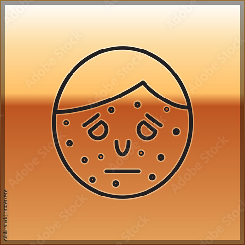 Black line Face with psoriasis or eczema icon isolated on gold background. Concept of human skin response to allergen or chronic body problem. Vector Illustration