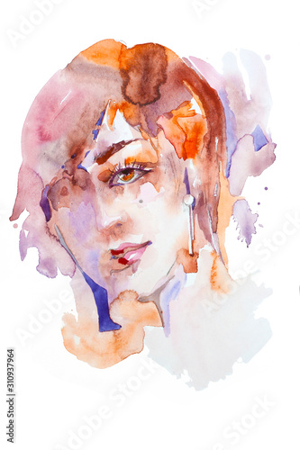 Fototapeta Naklejka Na Ścianę i Meble -  watercolor woman portrait head brightful color spots
