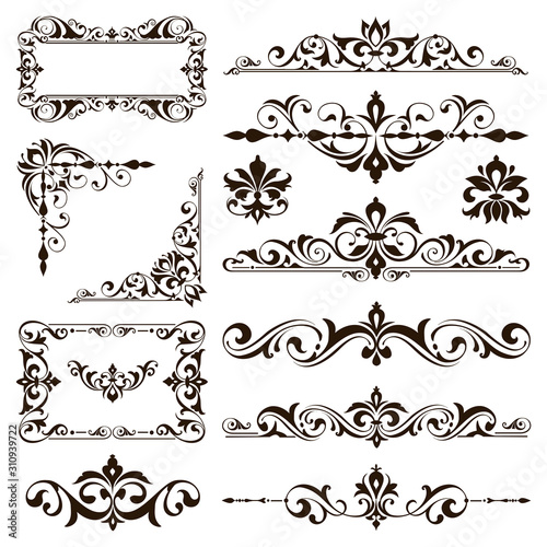 Ornamental design lace borders and corners Vector set art deco floral ornaments elements