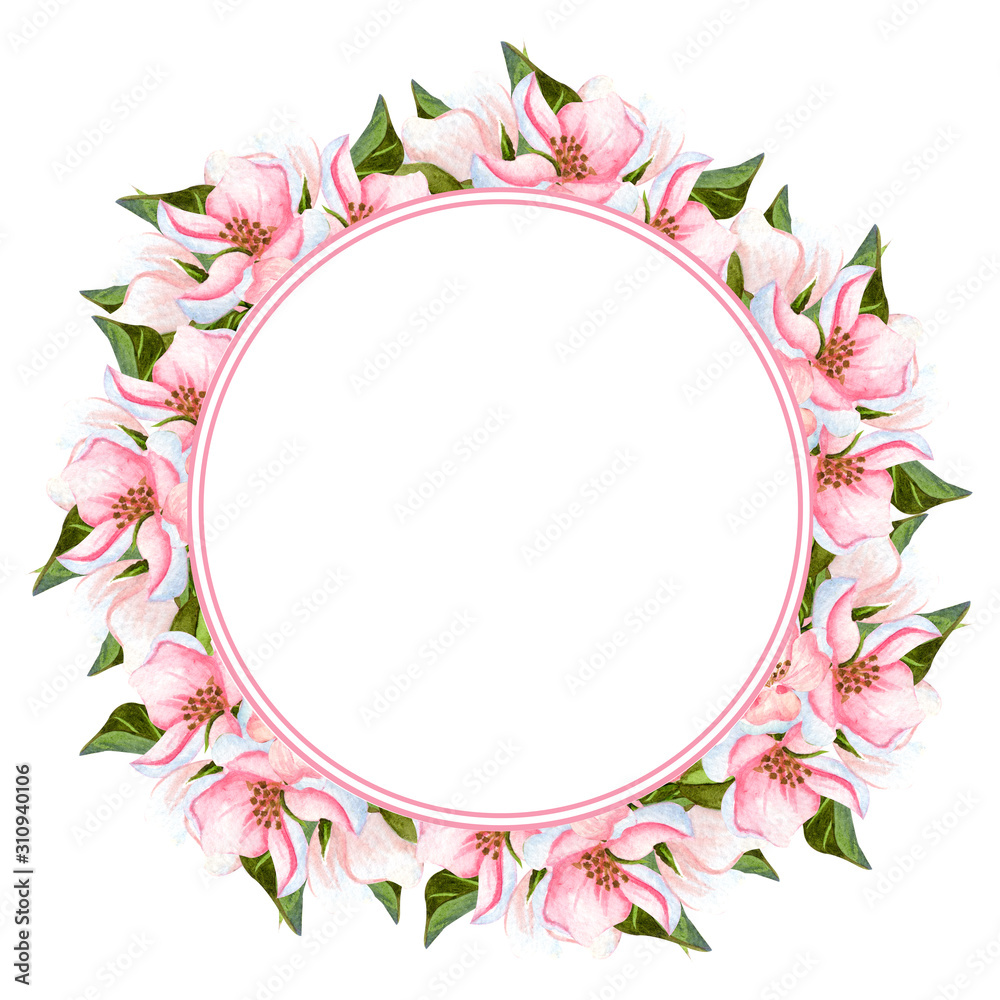 Watercolor apple blossoming tree wreath isolated on white. Hand drawn floral frame with flowers, leaves and buds. Perfect for invitations, design and wedding cards.