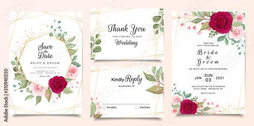 Elegant wedding invitation card template set with burgundy and peach rose flowers. Cards with floral, gold line, and glitter for save the date, invitation, greeting card vector