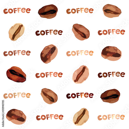 Vector watercolor illustrated and painted brown coffee beans and lettering pattern set