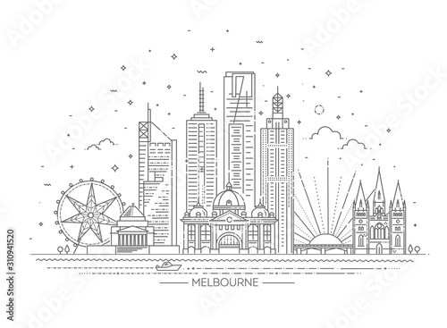 Melbourne Australia City Skyline. Line skyline illustration