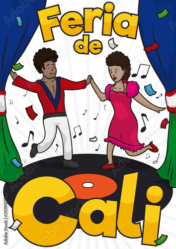 Happy Brunette Couple Celebrating Cali Fair Dancing over Vinyl, Vector Illustration